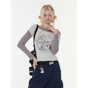 ziziFei''灰调兔趣''春秋设计感假两件兔子印花波点上衣长袖t恤女