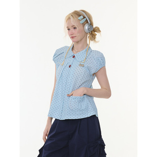甜甜满天星 衬衫 夏季 浅蓝色波点复古娃娃领短袖 女 新款 ziziFei