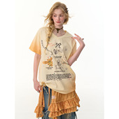 ziziFei夏美式 复古设计感渐变色印花上衣宽松显瘦v领短袖 大t恤女