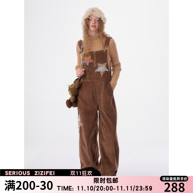 ziziFei秋冬季新款显瘦美式复古新款星星连体长裤灯芯绒背带裤女