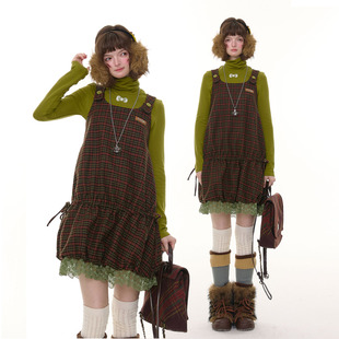 ziziFei秋冬美式复古新款设计感深红色格纹蕾丝下摆背心连衣裙女