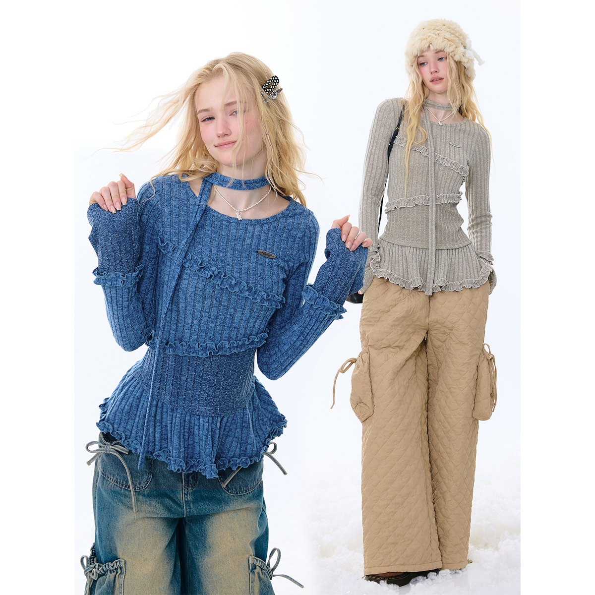 ziziFei秋冬美式复古设计感不规则木耳花边下摆上衣针织打底衫女