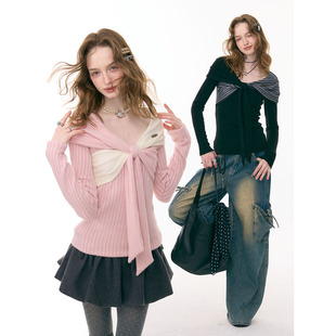 ziziFei''结趣织织''设计感不规则扭结蝴蝶结上衣长袖t恤针织衫女