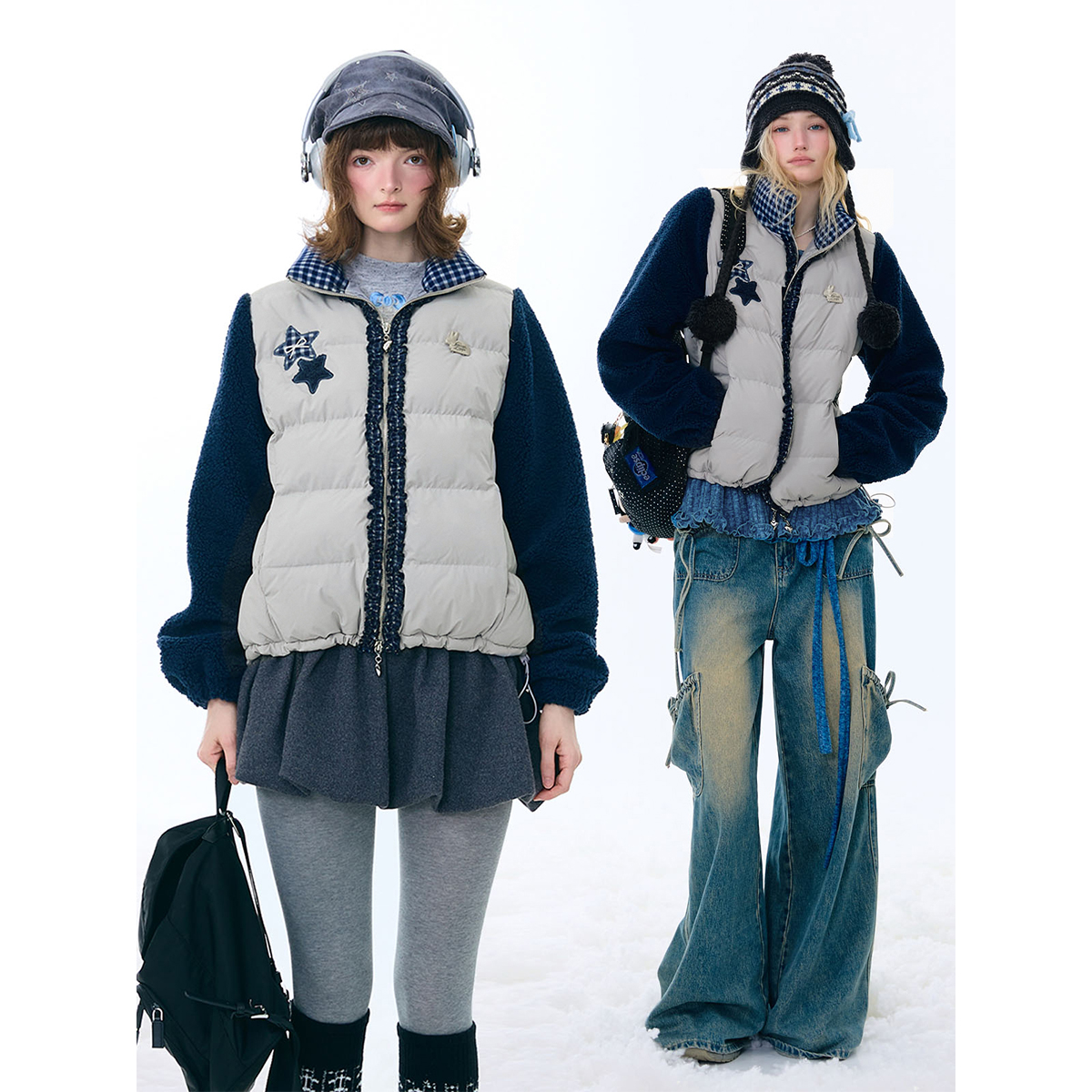 ziziFei秋冬美式设计感星星印花撞色拼接加厚保暖灰色棉衣外套女