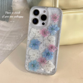 ins银箔滴胶干花适用苹果16promax手机壳iPhone15真花苹果14 8p保护套少女 11pro全包软壳xsmax 13新款 12mini