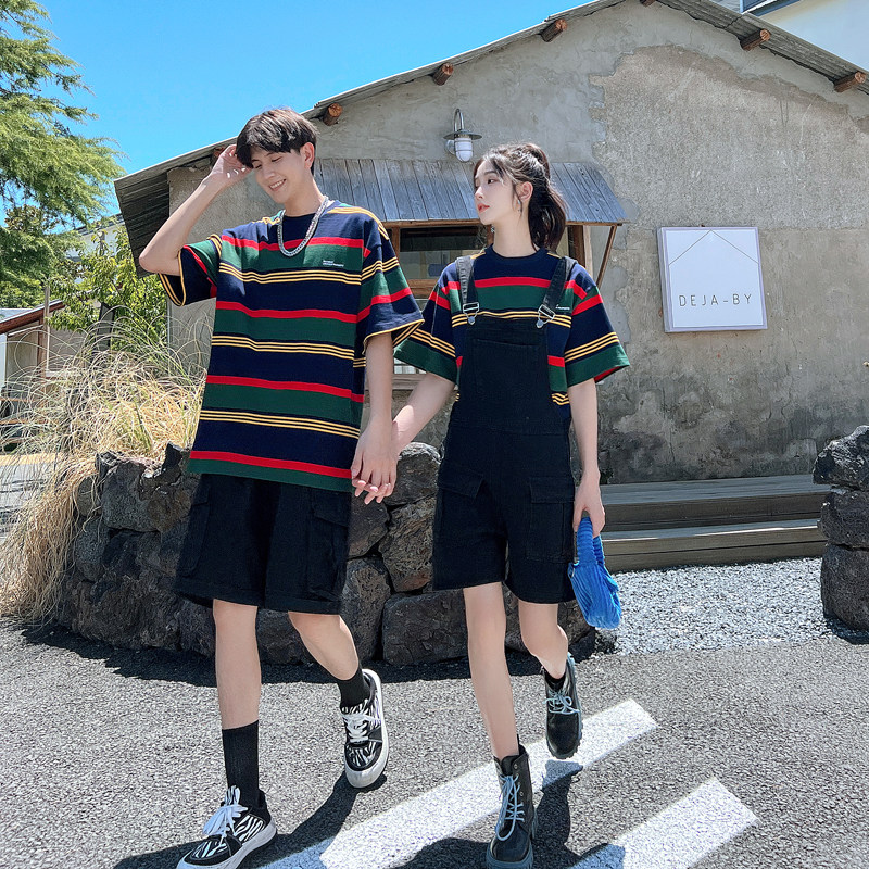 实拍现货#情侣装夏季新款港风宽松条纹短袖T恤女减龄背带裤套装
