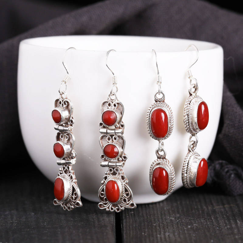 尼泊尔手工民族风宝石女纯银耳环