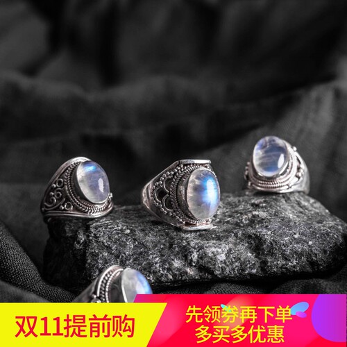 尼泊尔手工戒指银复古男女月光石