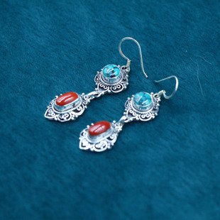 印度尼泊尔手工925银饰品镶嵌宝石绿松石耳环女 创意复古民族风