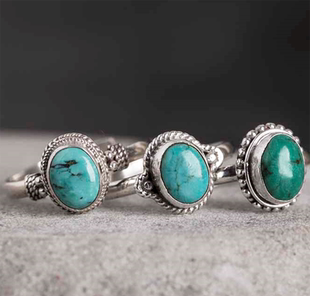 尼泊尔手工银饰品女镶嵌绿松石戒指女小众设计食指戒子复古民族风