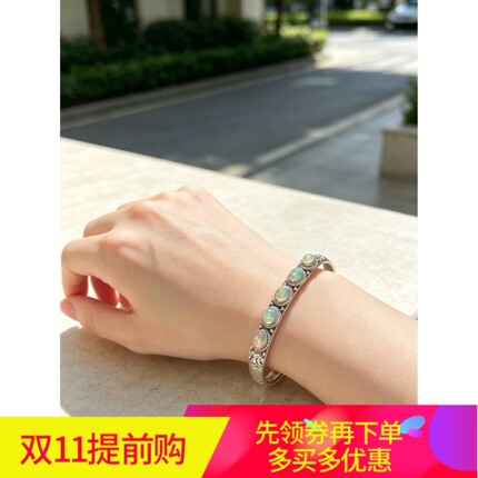 尼泊尔手工真银饰品欧泊蓝月光石手镯环开口复古创意个性民族风潮