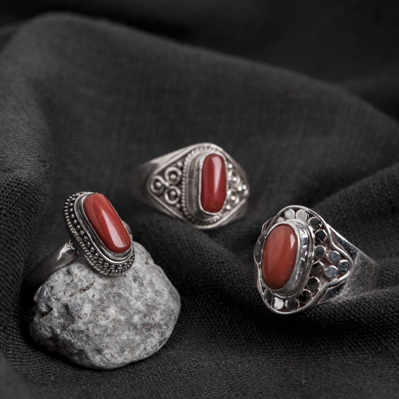 尼泊尔手工宝石戒指纯银民族风女