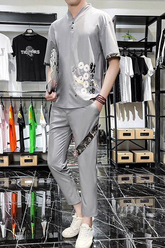 主推新款中国风套装男短袖大码汉服时尚两件套XZ313B-1-TZ888-P50,男装休闲套装,星座313B-2
