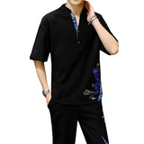 大货主推中国风男士大码刺绣棉麻休闲时尚套装XZ313B-1-TZ890-P55，男装休闲套装，星座313B-2