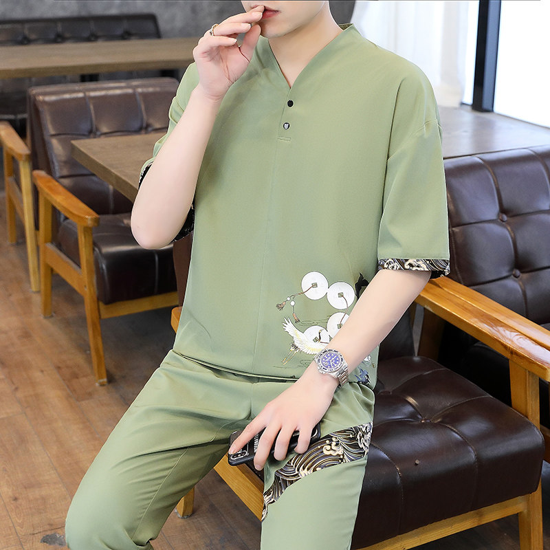 主推大货中国风套装男短袖大码汉服两件套XZ313B-1-TZ888-P50,男装休闲套装,星座313B-2
