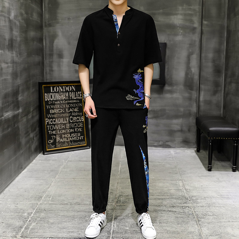 大货主推中国风男士大码刺绣棉麻休闲时尚套装XZ313B-1-TZ890-P55,男装休闲套装,星座313B-2