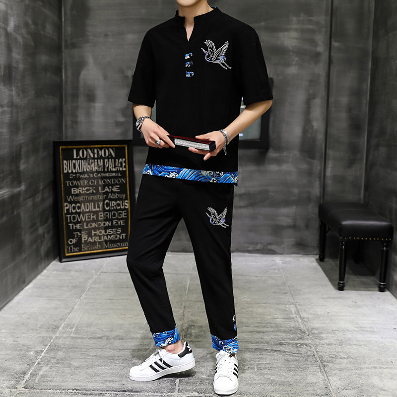 主推新款中国风大码刺绣棉麻男士休闲套装XZ313B-1-TZ889-P50图片