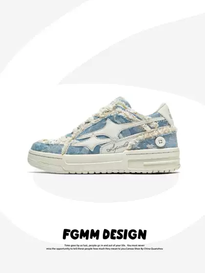 FGMM Original Design Denim Blue Canvas Skate Shoes with Shattered Meteor Pattern - Chunky Sole, Spring Collection, Niche Unisex Sneakers for Men and Women