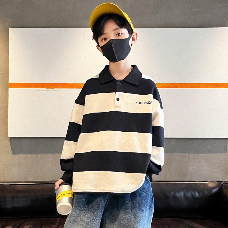 韩国男童长袖卫衣Polo衫2026春秋新款大童春季条纹痞帅上衣男孩潮