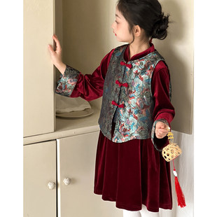 女童中国风新年套装2026冬季新款儿童旗袍马甲女大童拜年服两件套
