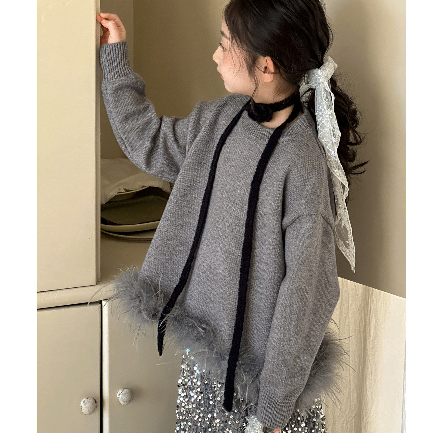 女童毛衣秋冬装2026新款森系女孩超好看针织衫初中生儿童灰色上衣