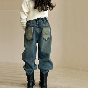 女童加绒牛仔裤秋冬款2026新款儿童一体绒直筒裤子宽松女大童长裤