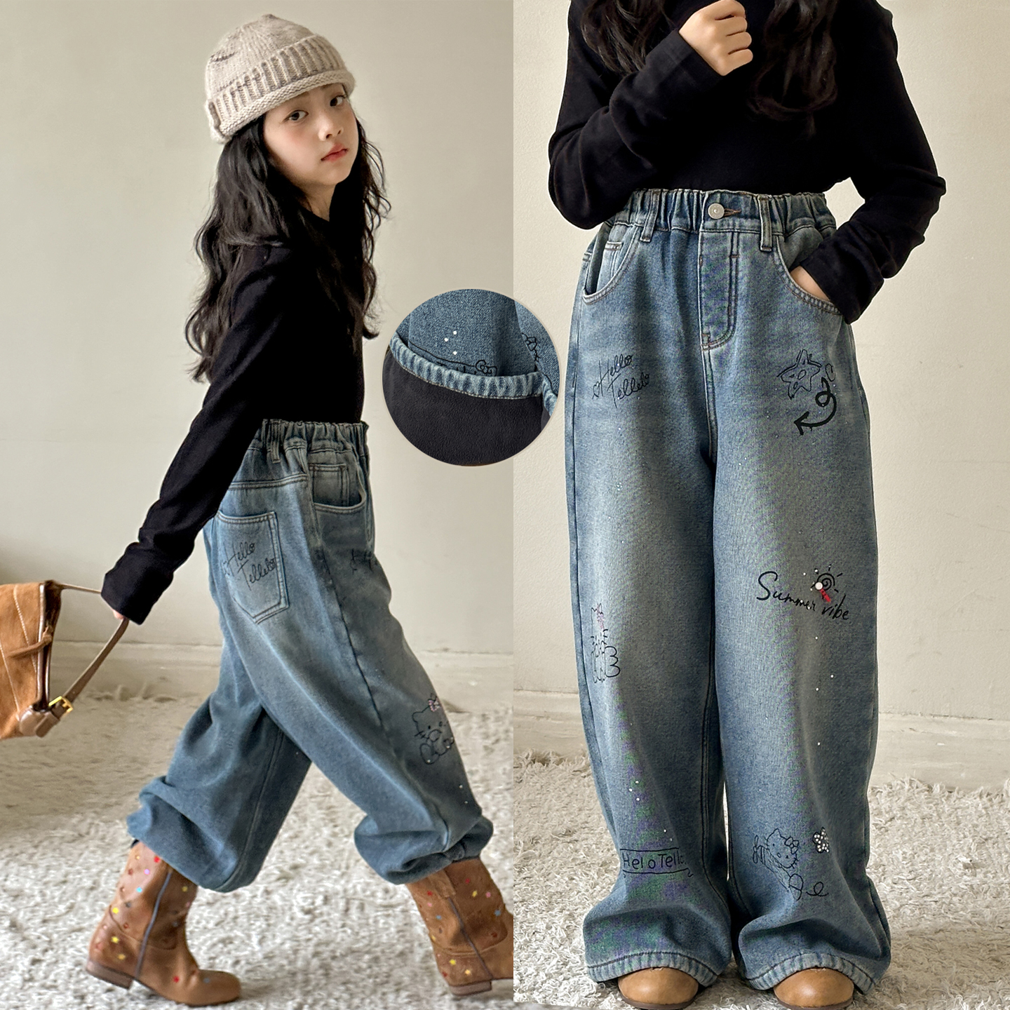 女童加绒裤子2025秋冬新款儿童洋气时髦阔腿裤女大童一体绒牛仔裤