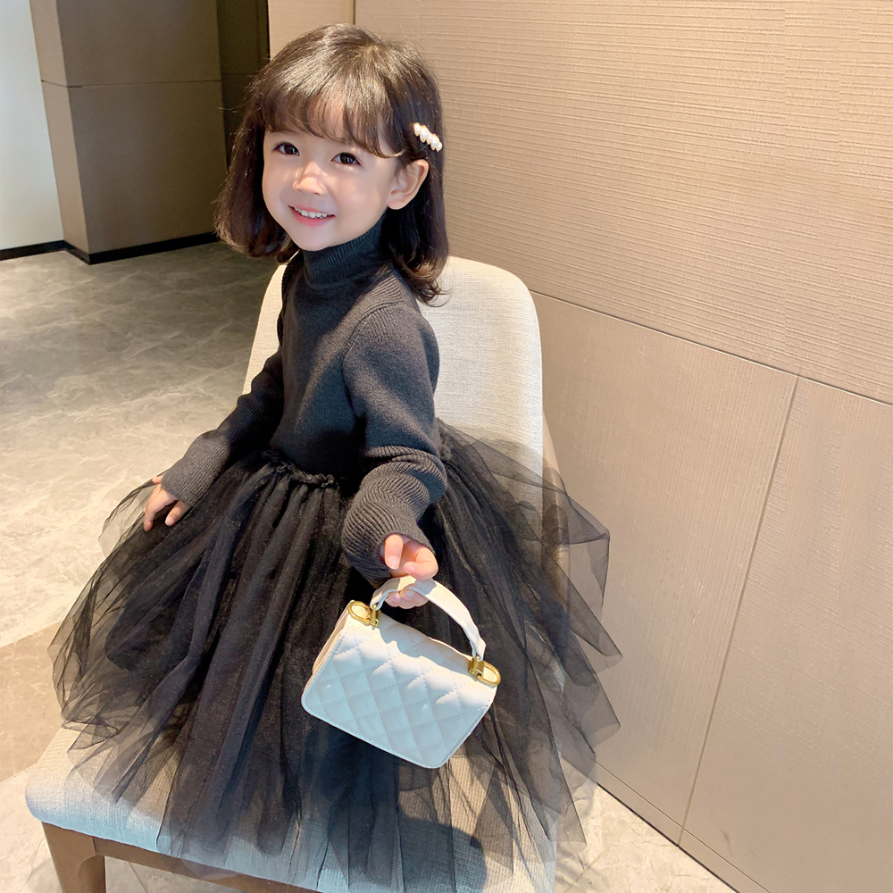 女童高领针织打底衫拼接连衣裙春秋2025新款儿童大童春装网纱毛衣