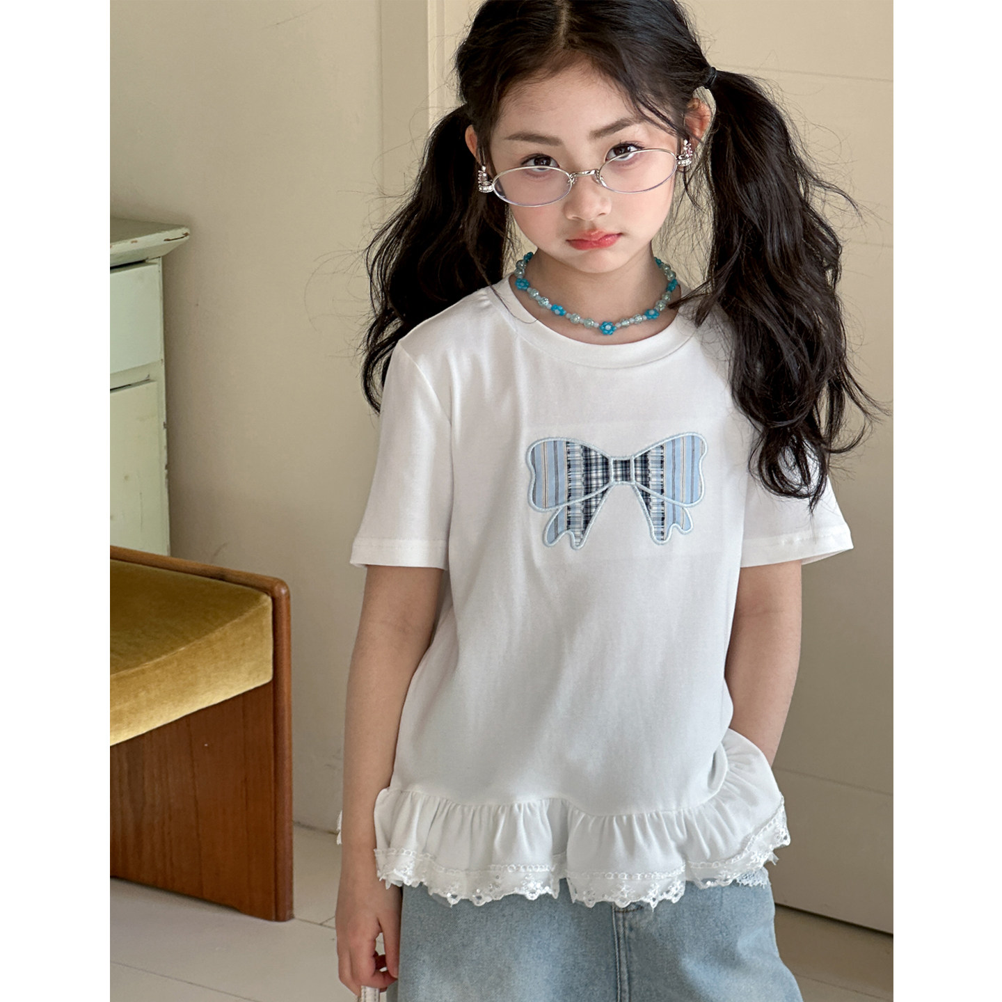 女童短袖T恤夏装2026新款女大童夏季蝴蝶结上衣12岁女孩半袖童装
