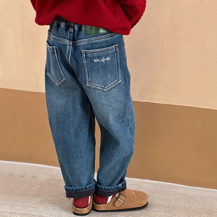 子女大童一体绒老爹裤 女童加绒牛仔裤 洋气宽松直筒裤 新款 2026冬季