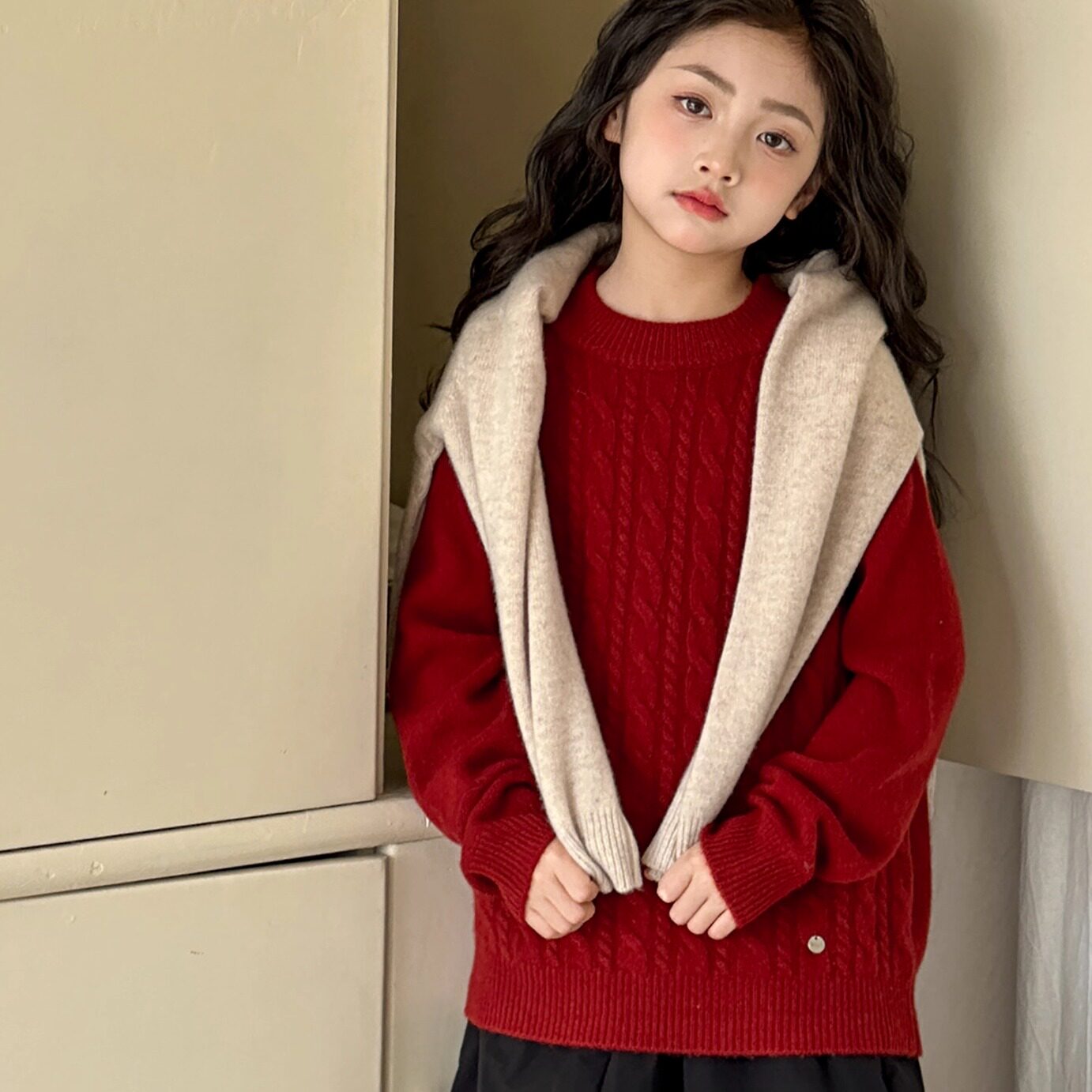 女童红色毛衣2026秋冬新款儿童喜庆拜年服女大童毛线衣条纹针织衫