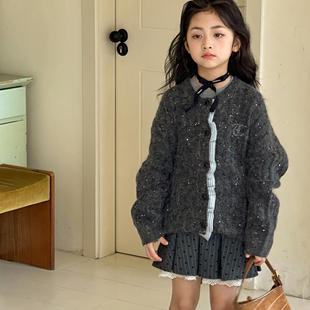 女童毛衣开衫秋冬款2026新款初中生儿童圆领针织衫女大童休闲外套