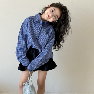 女童衬衫春装2026新款韩版青少年儿童格子衬衣春秋女大童洋气上衣