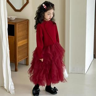 拜年服女童连衣裙女大童针织网纱裙红色新年战袍公主裙儿童蛋糕裙