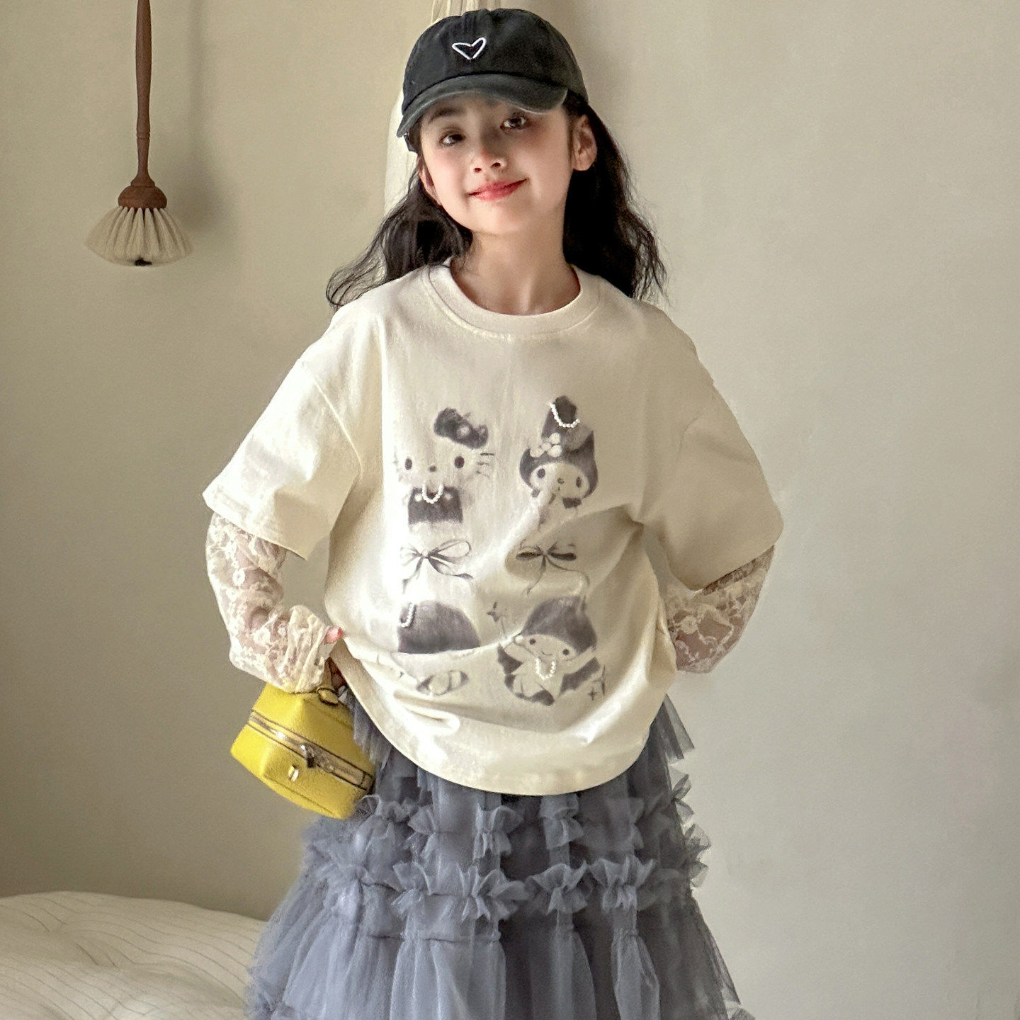 女童长袖T恤春秋2026新款女大童韩系打底衫初中生假两件卡通上衣