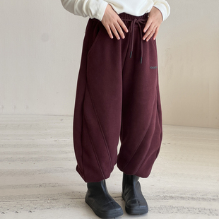 女童加绒裤子秋冬韩版儿童宽松弯刀裤洋气女大童一体绒休闲香蕉裤
