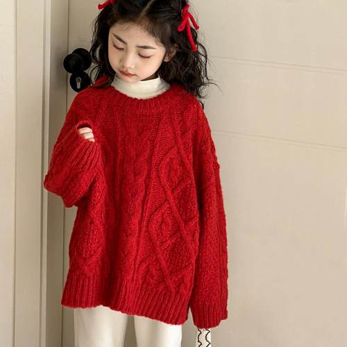 女童红色麻花毛衣潮范针织衫上衣