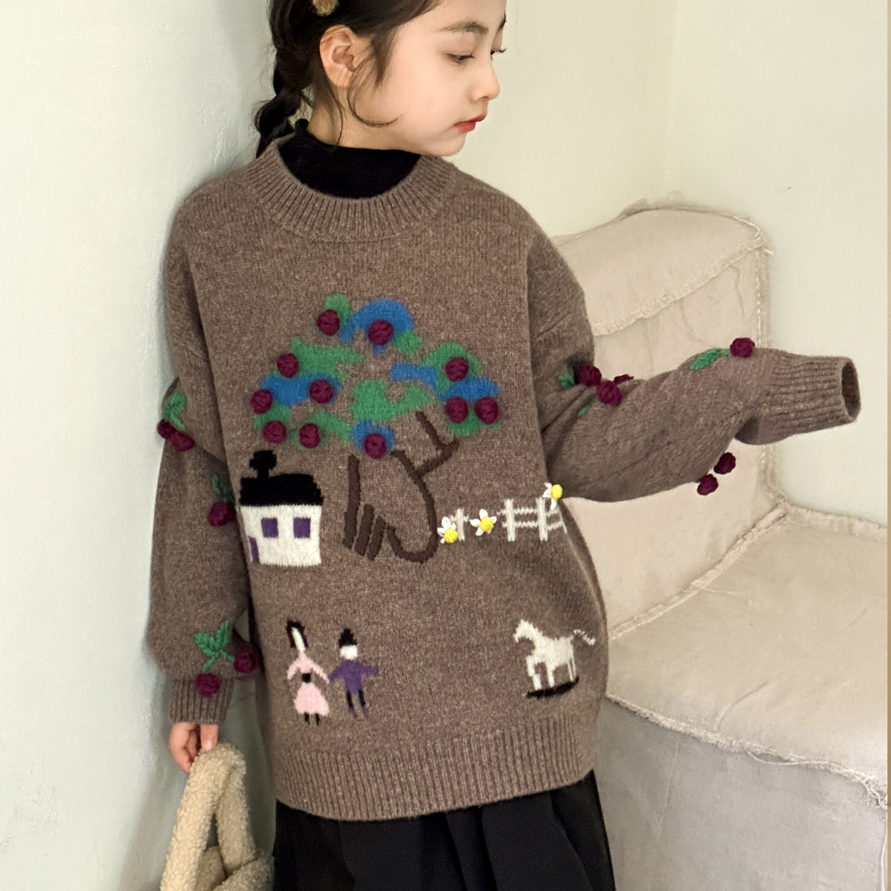 女童毛衣2025春秋新款儿童过年衣服立体刺绣大童羊毛混纺针织上衣