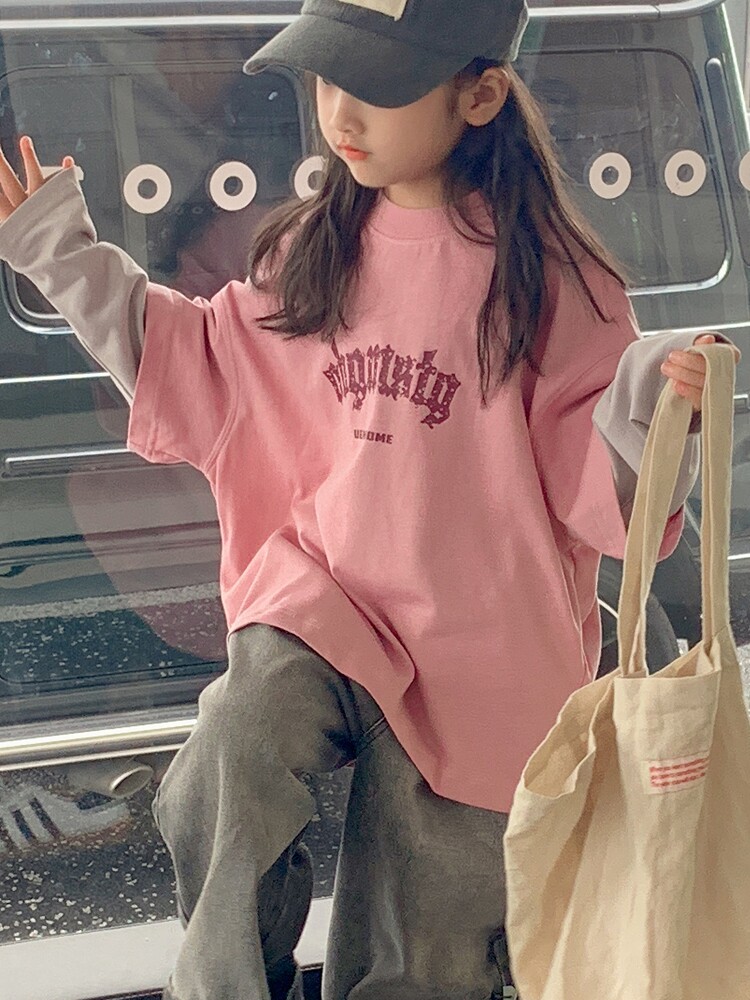 여자 긴팔 티셔츠 2025 새로운 아동 티셔츠 가짜 투피스 바닥 셔츠 큰 아동용 탑 한국 아동 의류 가을 의류