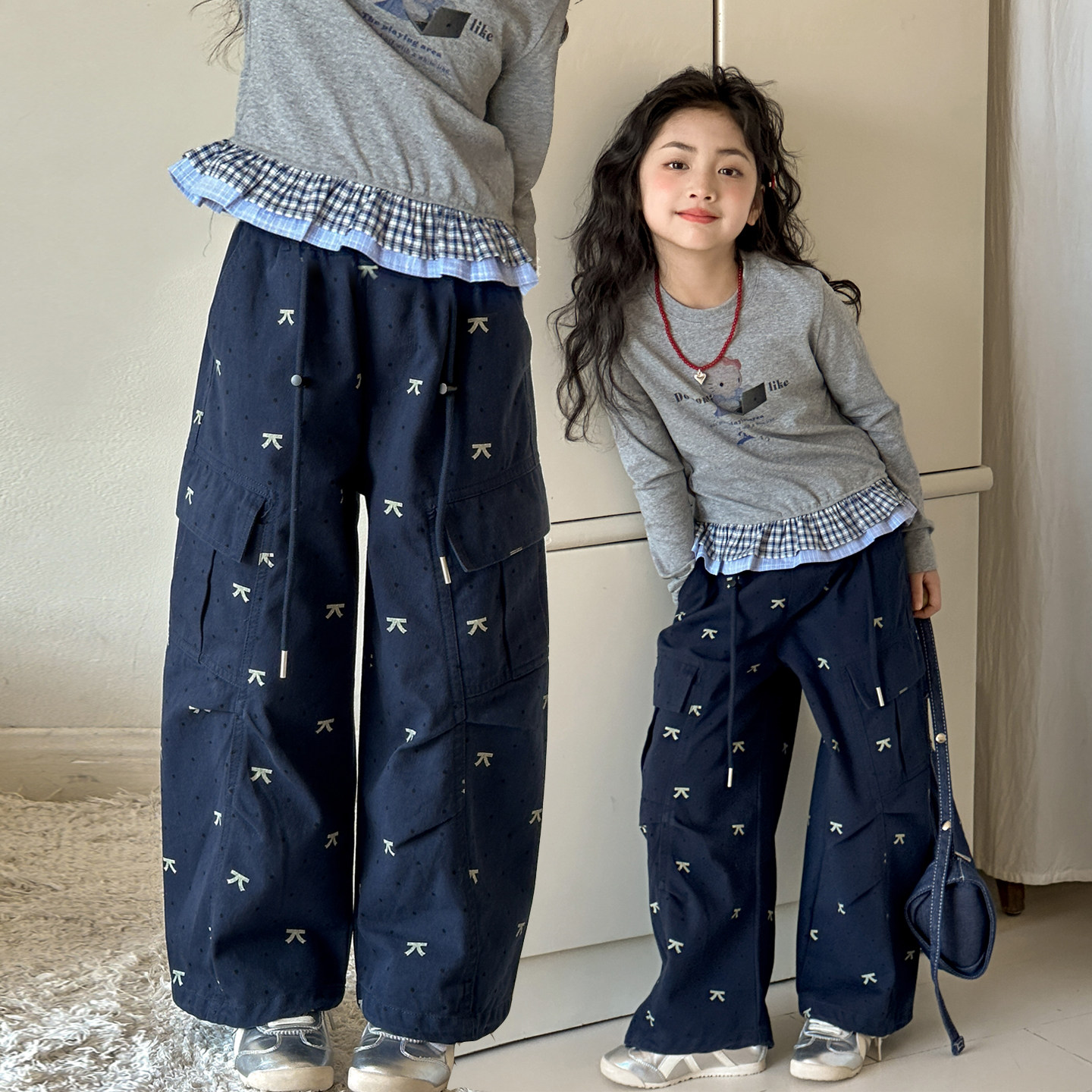 女童裤子春秋款2026新款儿童衣服初中生休闲阔腿裤女大童工装长裤