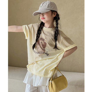 女童棉麻短袖T恤夏装2026新款韩国童装女大童夏季五分袖儿童上衣