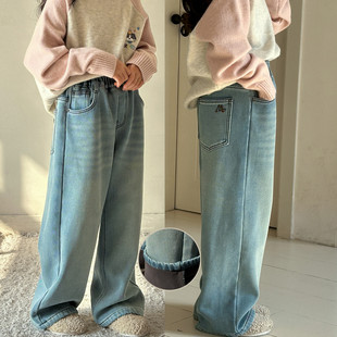 女童加绒牛仔裤秋冬款女大童长裤2026新款儿童裤子加厚保暖直筒裤