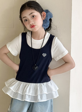 女童假两件短袖T恤夏装2026新款大童夏季独特超漂亮上衣韩国童装