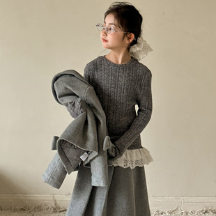女童毛衣秋冬款2026新款初中生儿童女孩蕾丝拼接上衣女大童打底衫