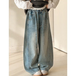 女童裤子2026春装新款初中生宽松直筒裤女大童春秋烫钻阔腿牛仔裤