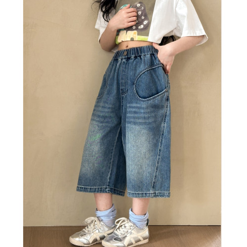 女童牛仔裤夏装2026新款女大童夏季七分裤女孩阔腿裤初中生中裤子