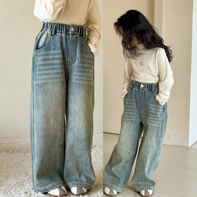 女童加绒牛仔裤秋冬款2025新款女大童一体绒直筒裤初中生儿童裤子