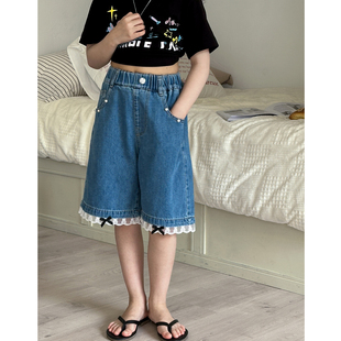 女童裤子夏薄款2026新款女大童牛仔裤初中生短款超好看直筒五分裤