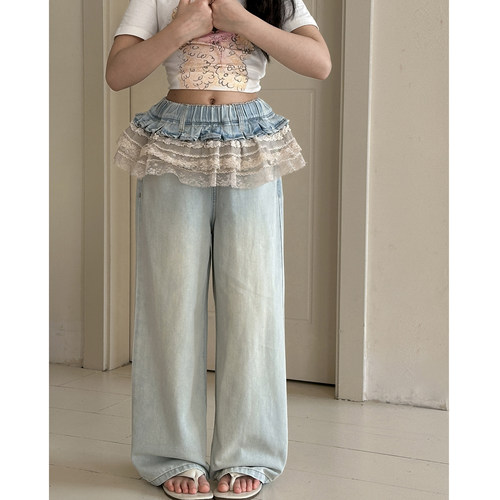 女童牛仔裤夏装2026新款女大童夏季蕾丝花边拼接裤子儿童韩国童装