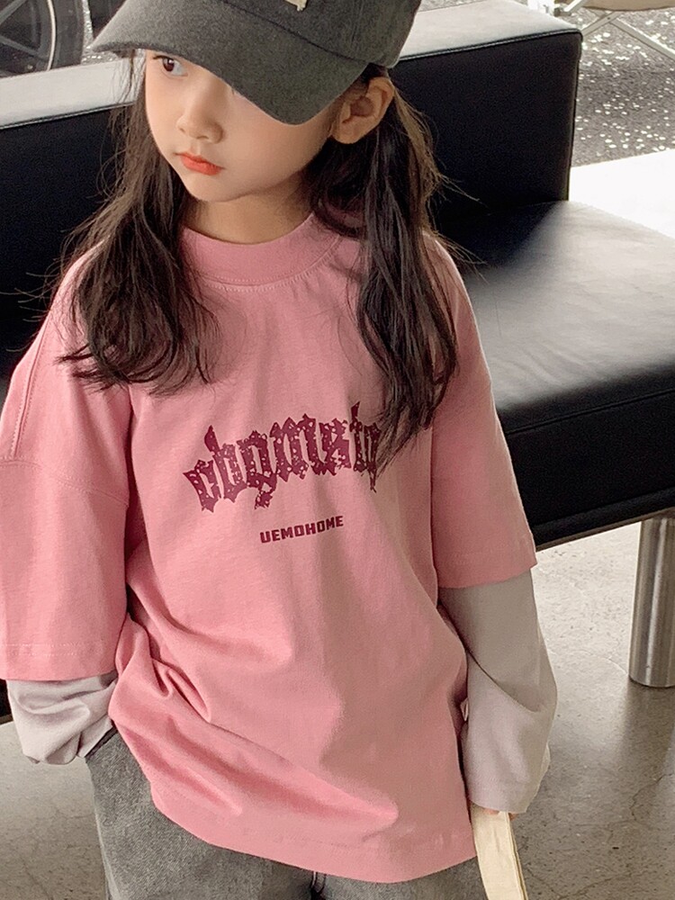 여자 긴팔 티셔츠 2025 새로운 아동 티셔츠 가짜 투피스 바닥 셔츠 큰 아동용 탑 한국 아동 의류 가을 의류